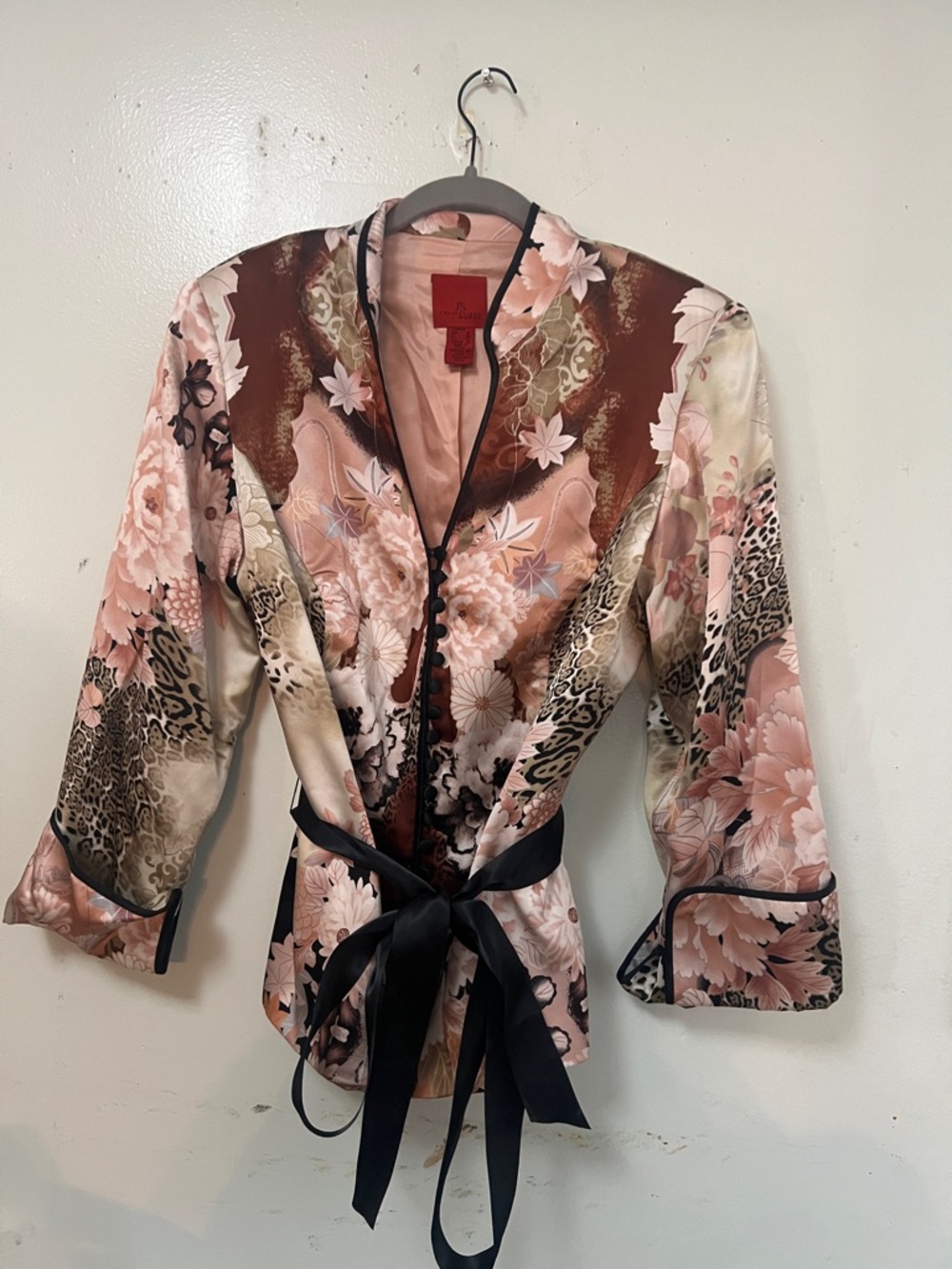JS Collections Pink and Brown Floral Satin Wrap Robe with Black Trim size 16